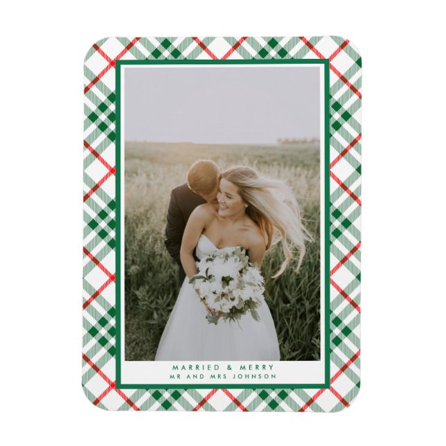 Married Merry Plaid Christmas Newlywed Photo Magnet (Vertical)