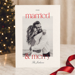 Married & Merry Preppy Red Photo Christmas Foil Holiday Card