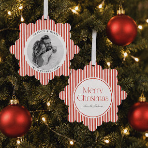 Married & Merry Preppy Red Stripe Christmas Photo Ornament Card