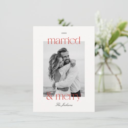 Married & Merry Preppy Red Stripe Photo Christmas Holiday Card