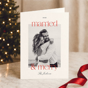 Married & Merry Preppy Red Stripe Photo Christmas Holiday Card