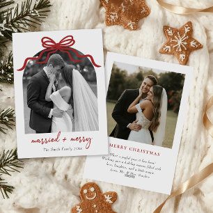 Married & Merry Red Bow Arch Photo Christmas Holiday Card