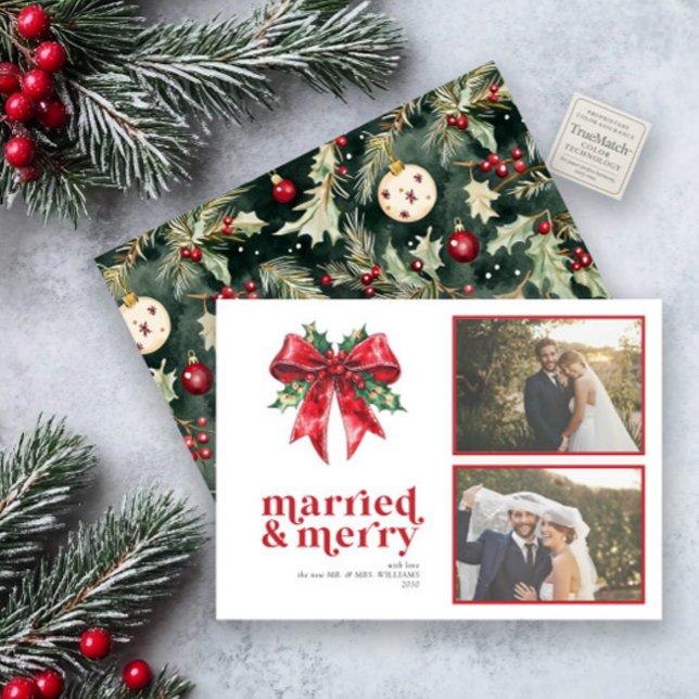 Married & Merry Red Bow Holly Newlywed 2 Photo Holiday Card (Creator Uploaded)