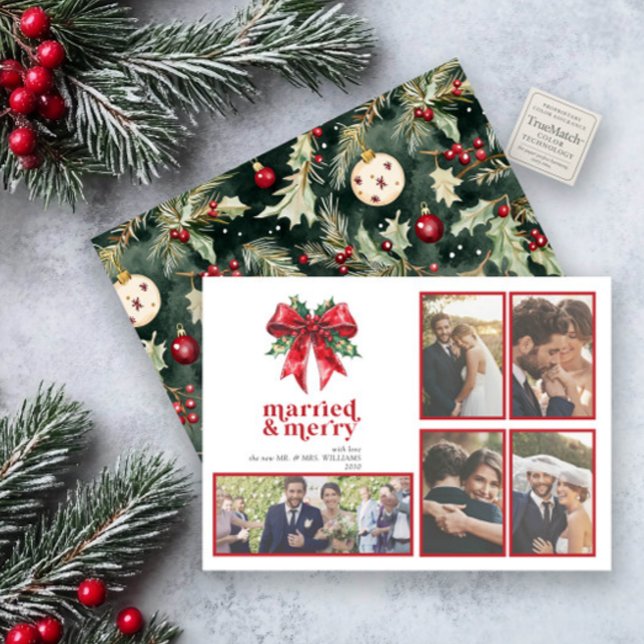 Married & Merry Red Bow Holly Newlywed 5 Photo Holiday Card (Creator Uploaded)