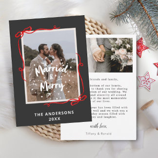 Married Merry Red Bows 2 Photos Wedding Christmas Thank You Card
