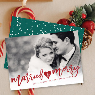 Married & Merry Red Brush Script Photo Wedding  Holiday Card
