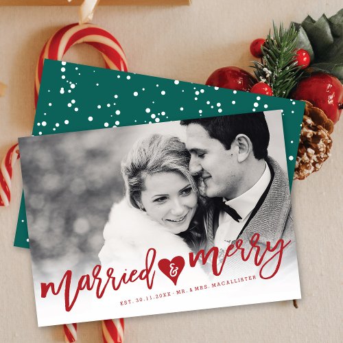 Married  Merry Red Brush Script Photo Wedding  Holiday Card