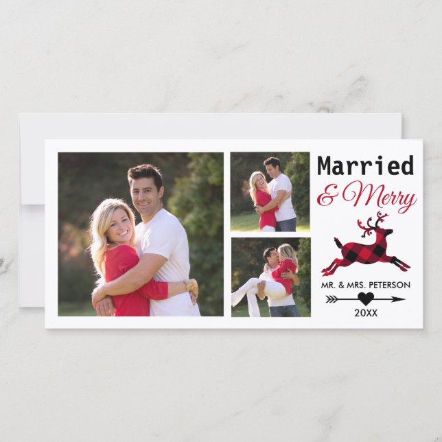 Married Merry Red Buffalo Plaid Christmas Photo Holiday Card (Front)