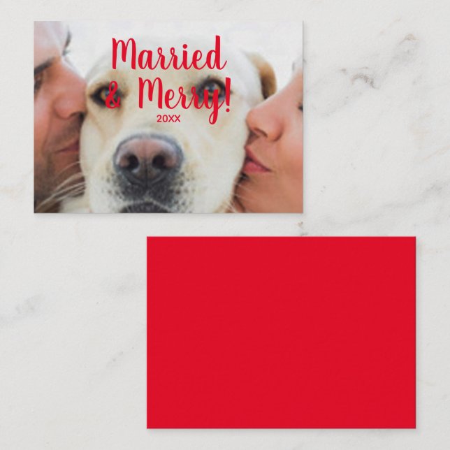 Married & Merry red custom photo date Christmas  Note Card (Front/Back)