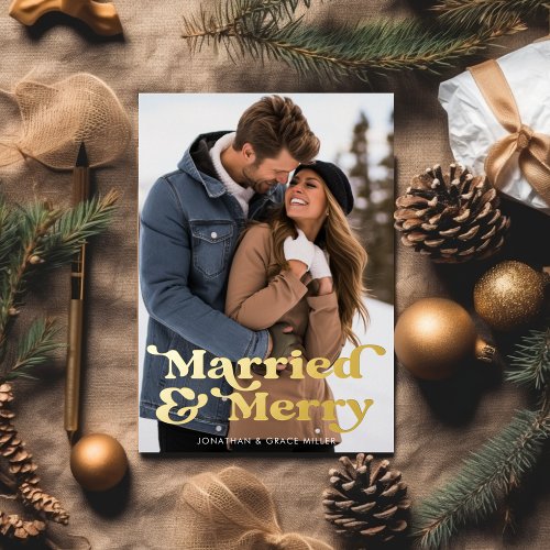 Married  Merry Retro Modern Typography 1 Photo  Foil Holiday Card