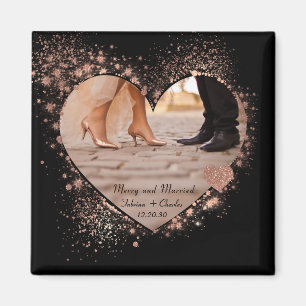 Married & Merry Rose Gold Twinkling Lights Photo  Magnet
