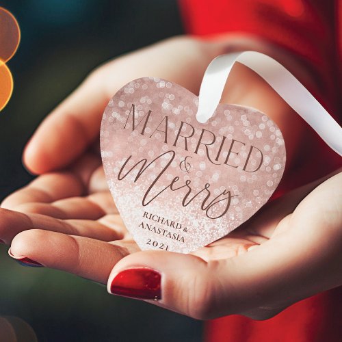 Married  Merry Rose Gold Twinkling Lights Photo Ornament