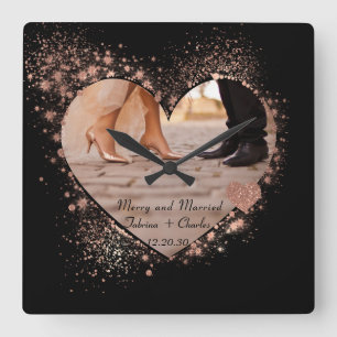 Married & Merry Rose Gold Twinkling Lights Photo  Square Wall Clock