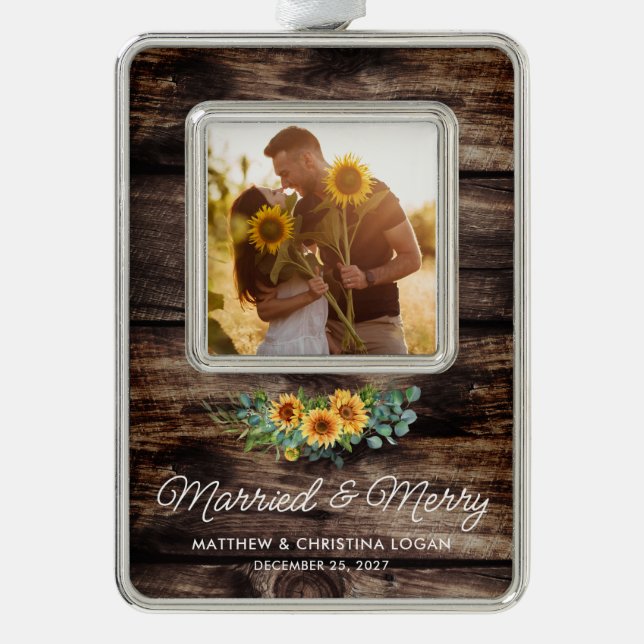 Married Merry Rustic Sunflower Eucalyptus Photo Christmas Ornament (Front)