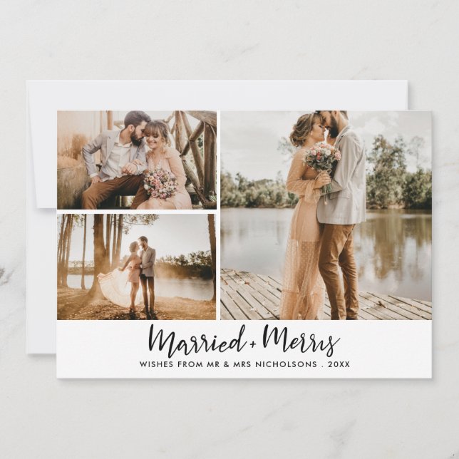 Married & Merry | Script Modern Newlywed Photo Holiday Card (Front)