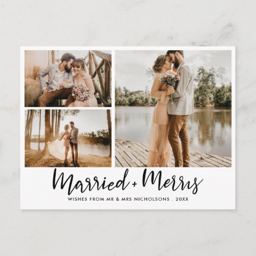 Married  Merry  Script Modern Newlywed Photo Postcard