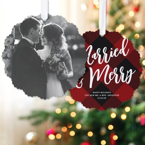  Married  Merry Script Red Plaid Photo Christmas  Ornament Card