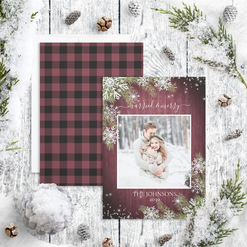 Married  Merry Script Rustic Burgundy Photo