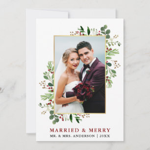 Married & Merry Watercolor Greenery Berries Gold Holiday Card