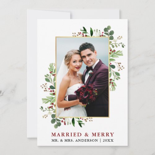 Married  Merry Watercolor Greenery Berries Gold Holiday Card