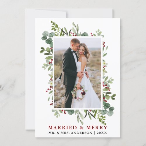 Married  Merry Watercolor Greenery Berries Holiday Card