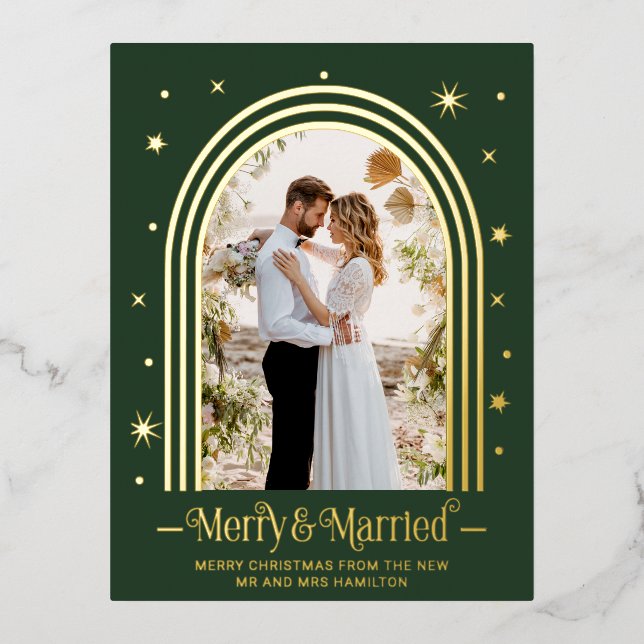 Married & Merry Wedding Announcement Foil Postcard (Front)