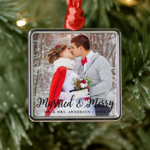 Married & Merry Wedding Photo Christmas B Metal Ornament