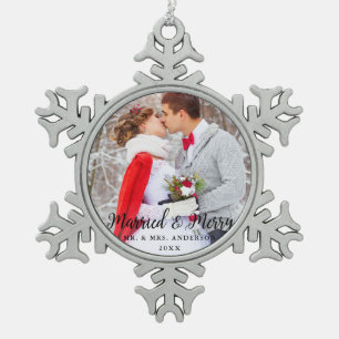 Married & Merry Wedding Photo Christmas B Snowflake Pewter Christmas Ornament