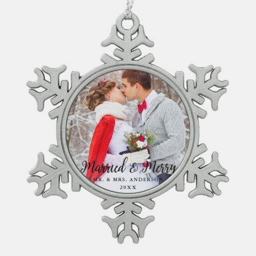 Married  Merry Wedding Photo Christmas B Snowflake Pewter Christmas Ornament