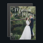 Married Merry Wedding Photo Christmas Card Magnet<br><div class="desc">Gorgeous white calligraphy reading Married and Merry over your full wedding photograph for a beautiful newlywed holiday card magnet. This just married couple Christmas magnetic card features elegant white cursive script at the top.</div>