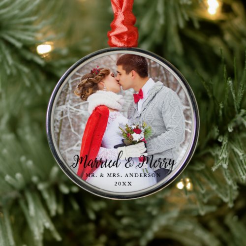 Married  Merry Wedding Photo Christmas Round B Metal Ornament