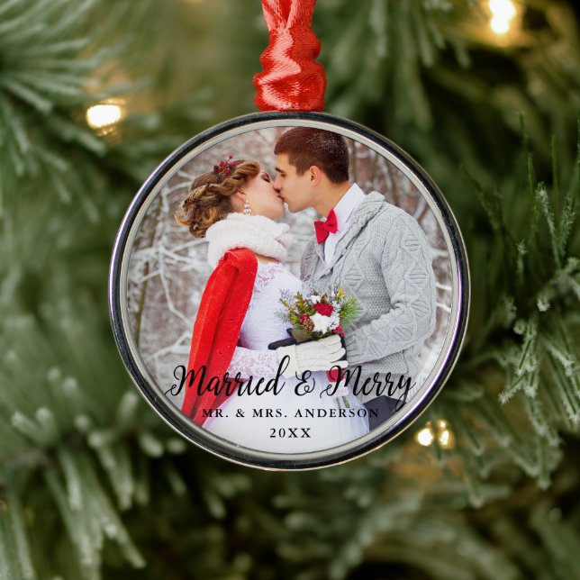 Married & Merry Wedding Photo Christmas Round B Metal Ornament (Tree)