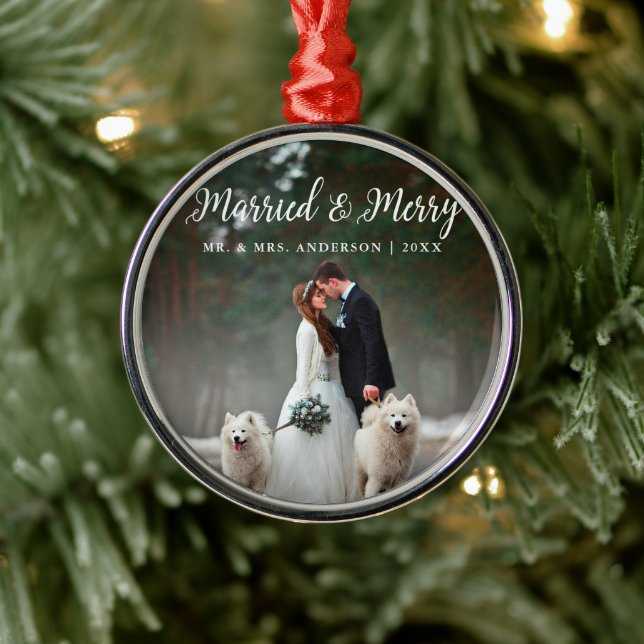 Married & Merry Wedding Photo Christmas Round Metal Ornament (Tree)