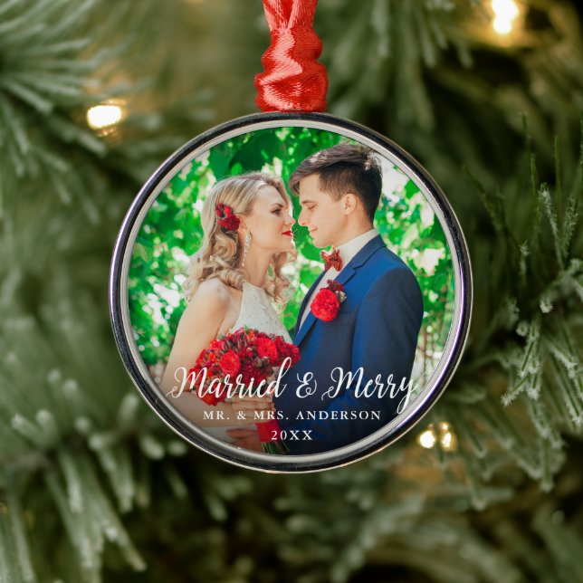 Married & Merry Wedding Photo Christmas Round W Metal Ornament (Tree)