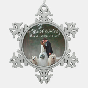 Married & Merry Wedding Photo Christmas Snowflake Pewter Christmas Ornament