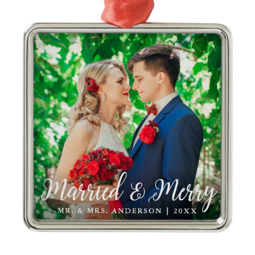 Married &amp; Merry Wedding Photo Christmas W Metal Ornament