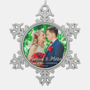 Married & Merry Wedding Photo Christmas W Snowflake Pewter Christmas Ornament
