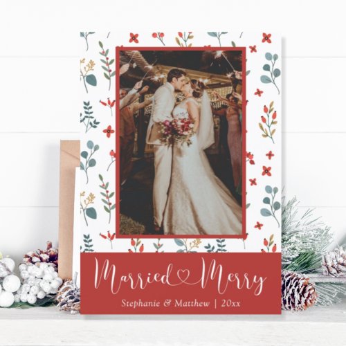Married  Merry Wedding Photo Eucalyptus Berries Holiday Card