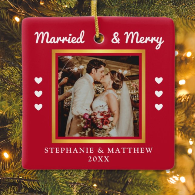 Married & Merry Wedding Photo Modern Red Ceramic Ceramic Ornament (Creator Uploaded)