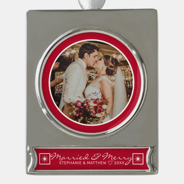Married & Merry Wedding Photo Modern Red Silver Plated Banner Ornament (Front)