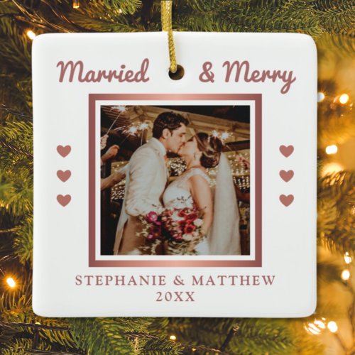 Married  Merry Wedding Photo Rose Gold Ceramic Ornament