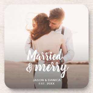 Married & Merry Wedding Thank you Christmas Photo Beverage Coaster