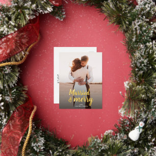 Married & Merry Wedding Thank you Christmas Photo Foil Holiday Postcard