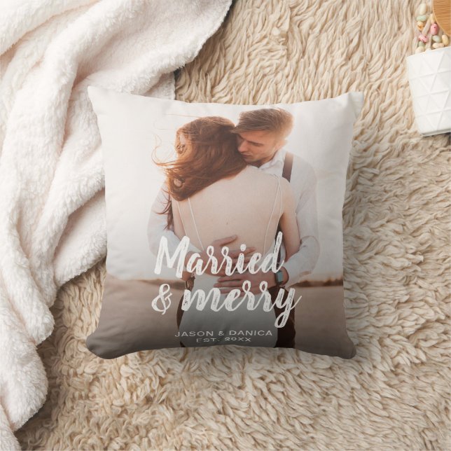 Married & Merry Wedding Thank you Christmas Photo Throw Pillow (Blanket)