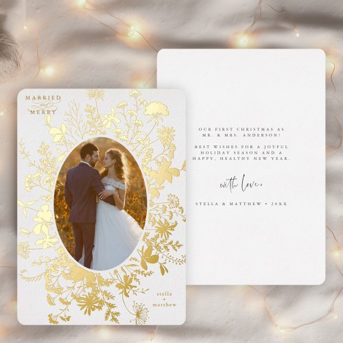 Married  Merry Wildflower Christmas Photo Gold Foil Holiday Card