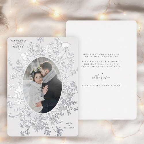 Married  Merry Wildflower Christmas Photo Silver  Foil Holiday Card