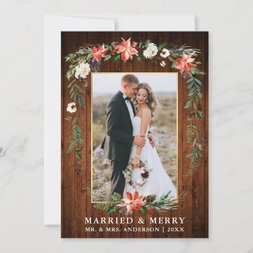 Married Merry Wood Gold Watercolor Winter Floral Holiday Card