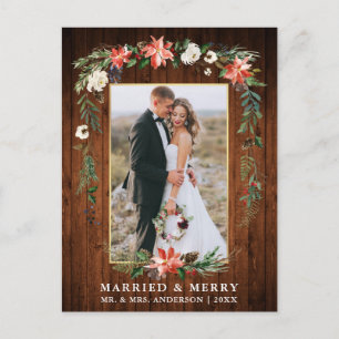 Married Merry Wood Gold Watercolor Winter Floral Postcard