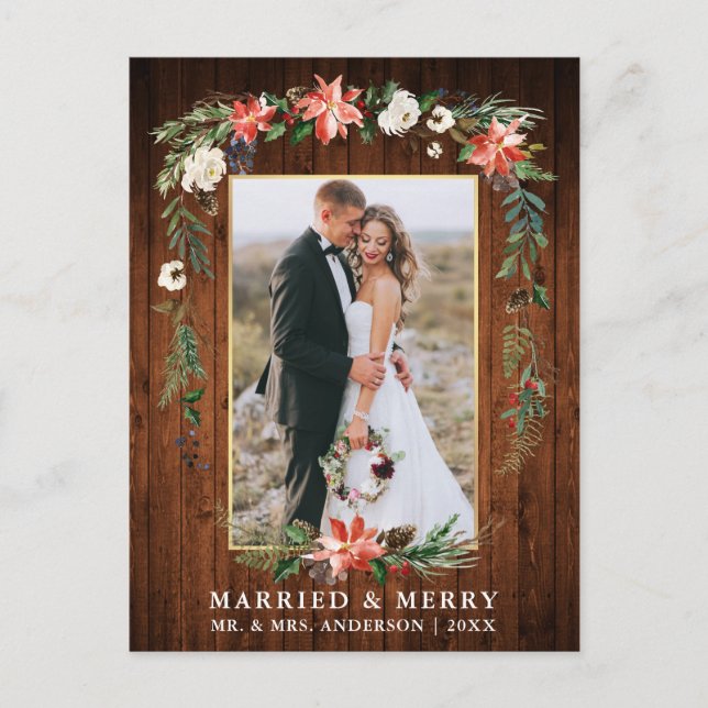 Married Merry Wood Gold Watercolor Winter Floral Postcard (Front)