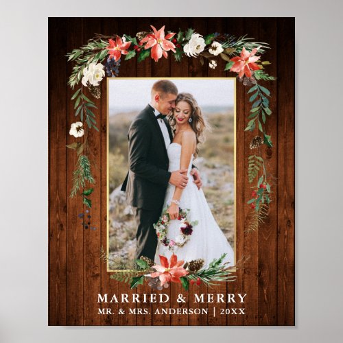 Married Merry Wood Gold Watercolor Winter Floral Poster